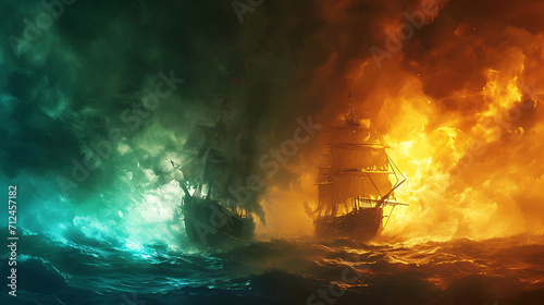 Foto hot vs cold, two pirates ships fight in ocean , fire and smoke Soaring to the sk