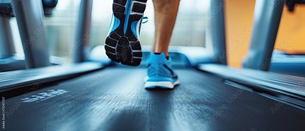 Fototapeta Close up of feet, sportman runner running on treadmill in fitness club. The individual, a dedicated athlete, is actively training in the gym, emphasizing a commitment to a healthy lifestyle.