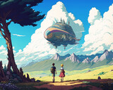 Luftschiff über den Bergen mit zwei Wanderern im Manga Anime Stil