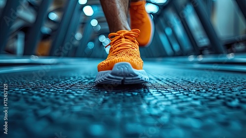 Close up of feet  sportman runner running on treadmill in fitness club. The individual  a dedicated athlete  is actively training in the gym  emphasizing a commitment to a healthy lifestyle.