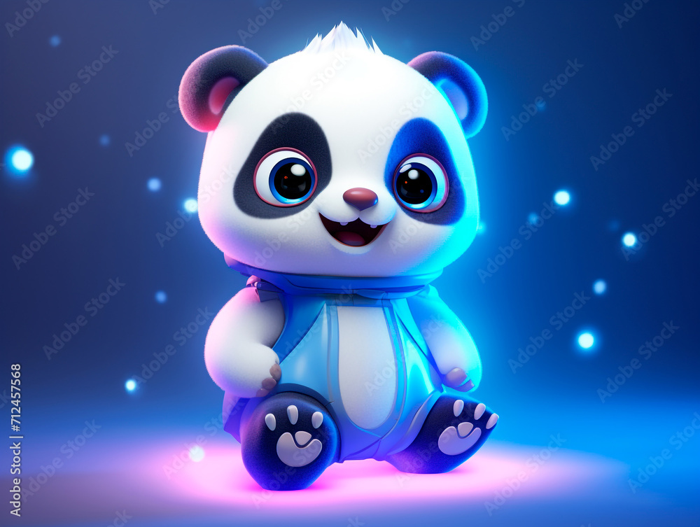 Cute little panda, full body, stylish, very happy and smiling, wearing blue overalls with neon colors. 3D rendering design illustration. Cute little panda, full body, stylish, very happy and smiling, wearing blue overalls with neon colors. 3D rendering design illustration.