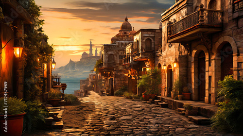 Medieval Charm: European Townscape at Sunset with Traditional Houses, Church, and Historic City Skyline