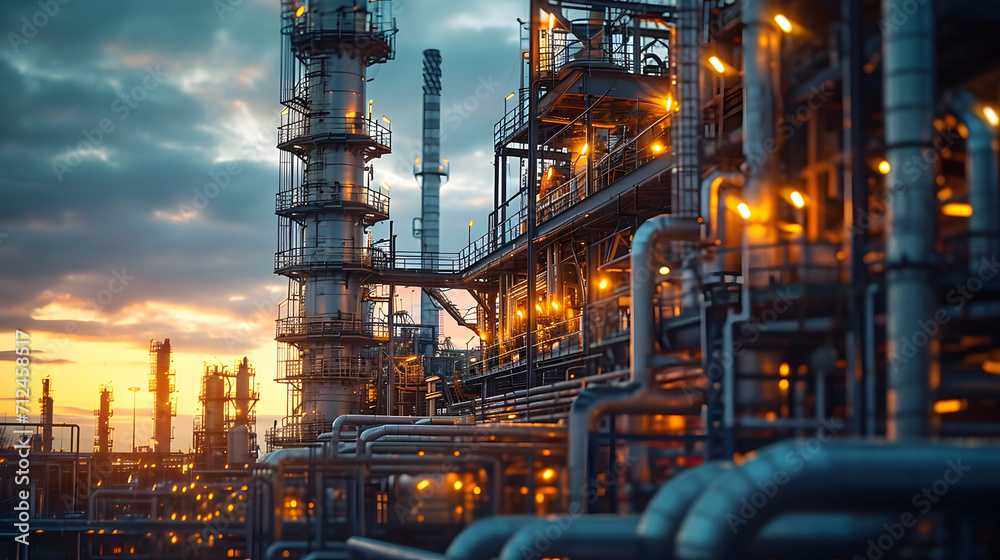 Oil refinery plant at twilight. Oil and gas industry. Industry background