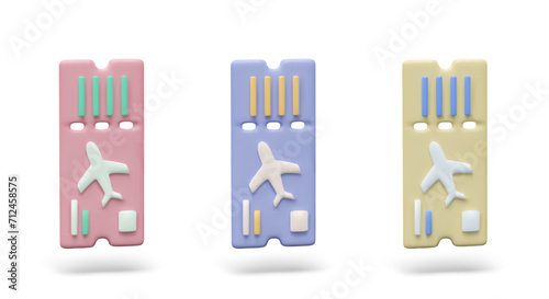 Realistic tickets for flight in pink, purple, yellow colors. Boarding pass cards design concept for airline company. Vector illustration in 3d style with shadow