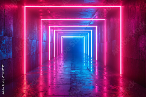 Dynamic neon lights create a mesmerizing geometric display on an empty futuristic stage. Colorful rectangular laser lines form a square tunnel, perfect for a lively laser show.