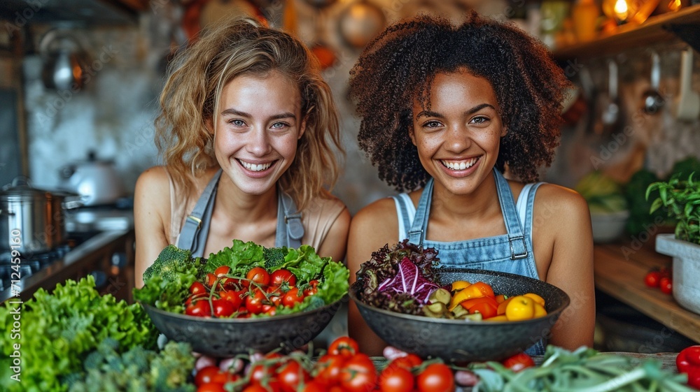 A diverse, joyful, and loving couple who are lesbians who cook vegan, healthful meals at home with a fresh veggie salad. They are also LGBT, Caucasian, and African American families.