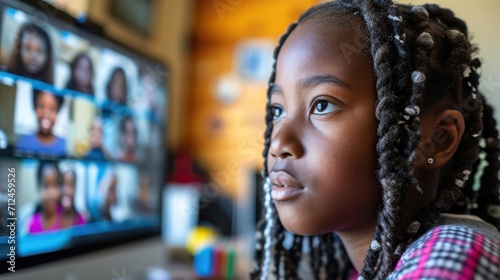 Little Girl With Braids Looking at Television During Distance Learning Generative AI