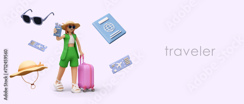 Concept of happy tourist. Have nice trip, vacation. 3D smiling female character, travel accessories. Horizontal cute banner on color background, place for advertising text