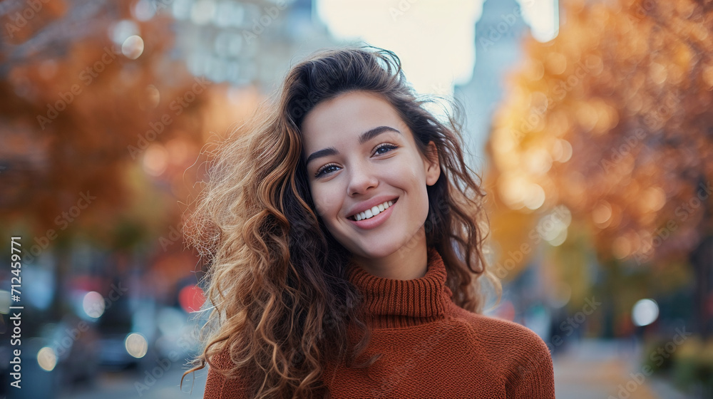 American Woman Smiling, Autumn City Setting American Woman Smiling, Autumn City Setting