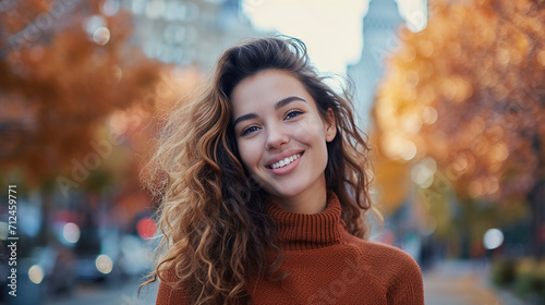 American Woman Smiling, Autumn City Setting © MyPixelArtStudios