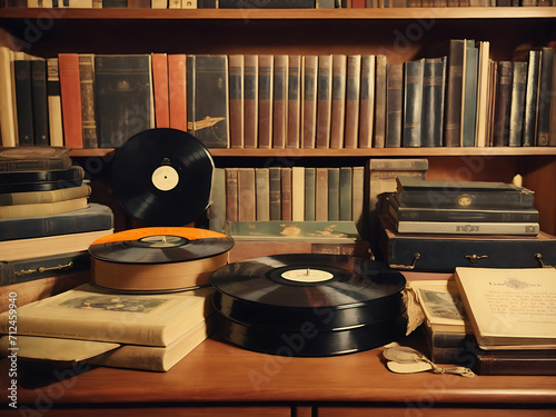 Vintage and old records, books, CDs. Heritage legacy collection, Inheritance. Hand edited design