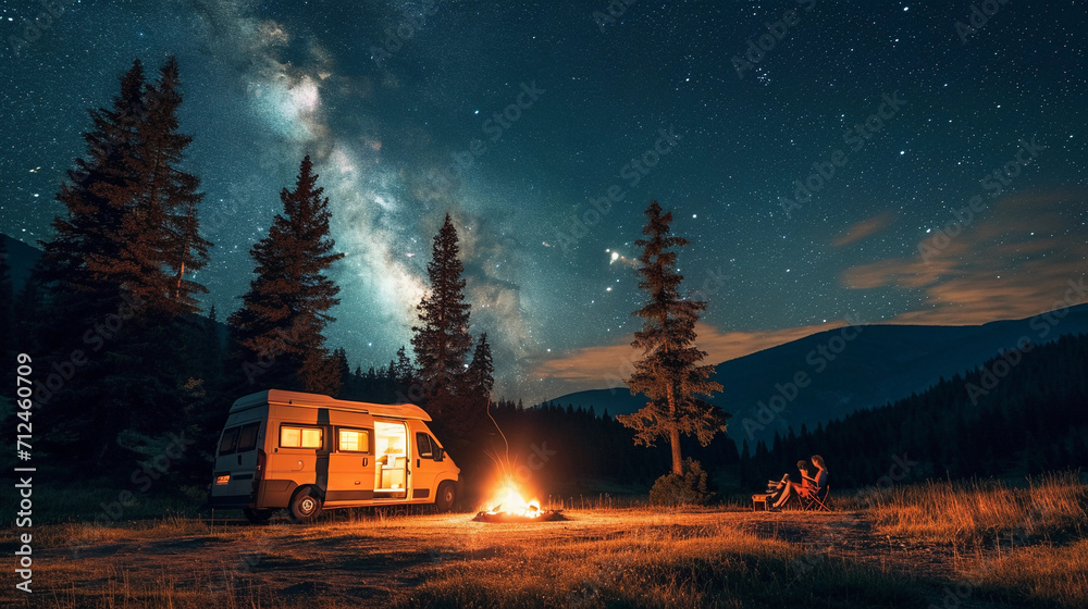 camper van parked under a star-filled sky in a remote forest clearing, a couple sitting outside by a campfire, the warm glow of lights inside the van, the Milky Way visible above camper van parked under a star-filled sky in a remote forest clearing, a couple sitting outside by a campfire, the warm glow of lights inside the van, the Milky Way visible above