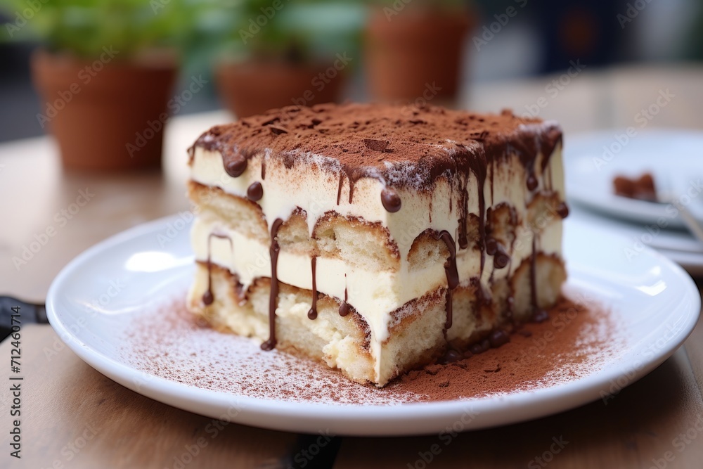 tiramisu Italian dessert topped with a sprig of mint served on a plate at table in a side view. ai generated tiramisu Italian dessert topped with a sprig of mint served on a plate at table in a side view. ai generated