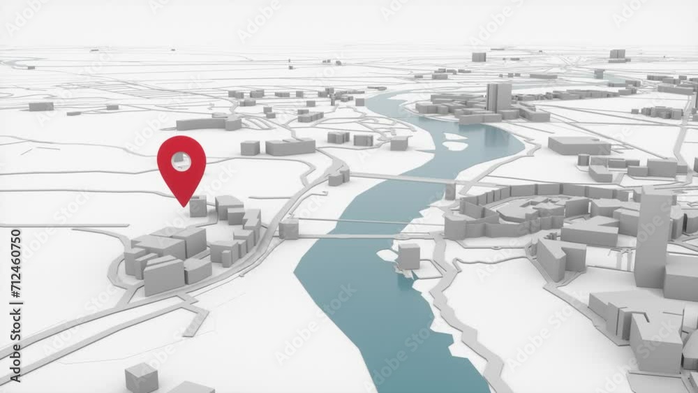 Aerial view of city with Point Map. Location Points over street city