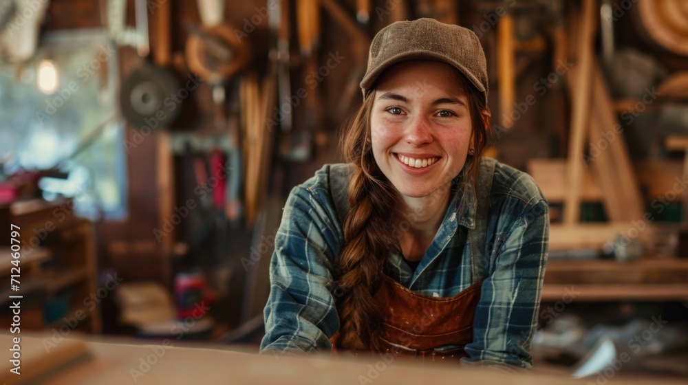 smiling young woman working in carpentry