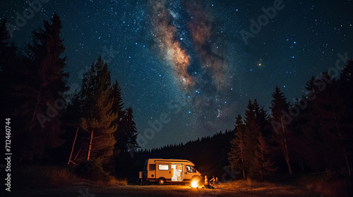 camper van parked under a star-filled sky in a remote forest clearing, a couple sitting outside by a campfire, the warm glow of lights inside the van, the Milky Way visible above