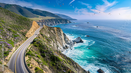 coastal road hugging the edge of steep cliffs, the ocean's deep blue waves crashing below, a classic sports car rounding a bend, seagulls flying overhead, a bright sunny day