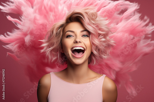 An expressive woman conveying a range of emotions, from happiness to surprise, against a dynamic pink monochrome background.