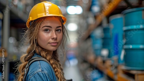 An image of a shipping engineer lady inspecting supplies and commodities on shelves while conducting a background inventory of the goods at a factory warehouse
