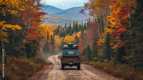 old pickup truck filled with camping gear driving down a dirt road surrounded by autumn-colored trees, leaves falling, a distant mountain range visible, a crisp and clear fall day