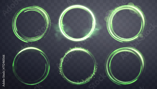 Glowing green magic rings. Neon realistic energy flare halo rings. Abstract light effect on a dark transparent background. Vector illustration.