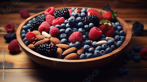 Berries and Almonds on Wooden Table