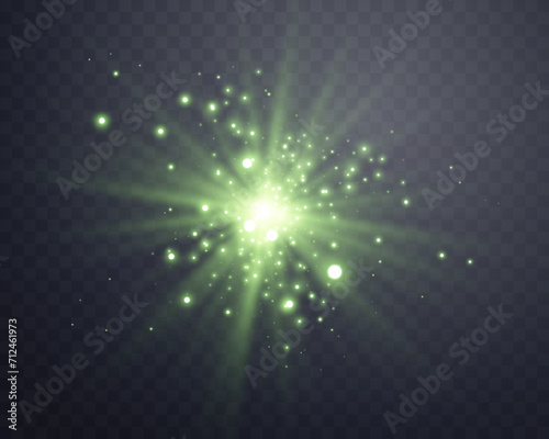 Green sunlight lens flare, sun flash with rays and spotlight. Glowing burst explosion on a transparent background. Vector illustration.