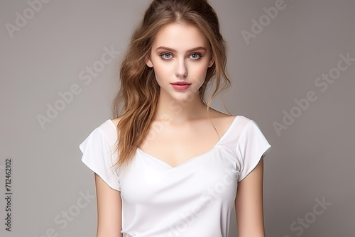 Woman in White Tshirt Mockup created with Generative AI © dendyh7