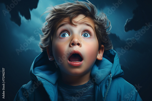 An adorable child with a surprised expression, eyes widened in innocent wonder, against a dynamic blue monochrome background.