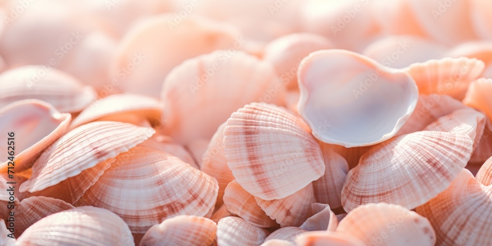 light peach-colored scattering shells close up on the beach, banner, copy space light peach-colored scattering shells close up on the beach, banner, copy space