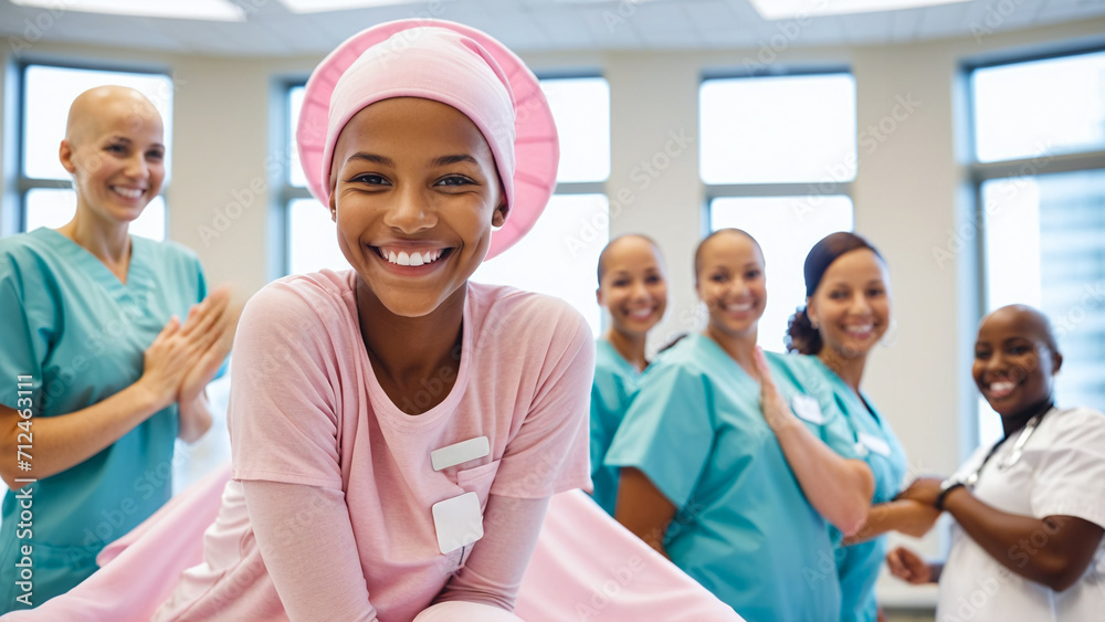 cancer, portrait of happy young woman in hospital, headscarf, world cancer day , cancer survivor, fighting cancer ,african girl