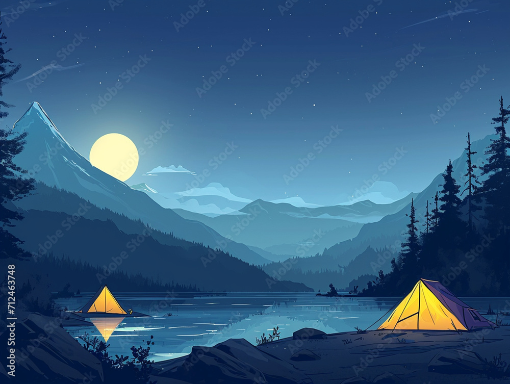 A camping site in the nature at night