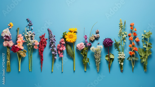 Flowers plant on blue background, top view, place for text