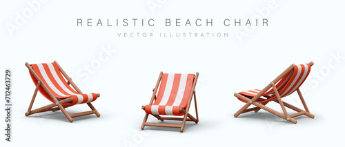 Realistic beach chair in different positions. Collection with chairs in white and red colors for rest on beach. Vector illustration in 3d style with shadow