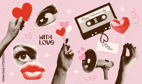 Halftone retro collage elements set in trendy punk grunge style. Paper sticker collection with dotted hand, heart, eye, mouth, loudspeaker. Concept of relationship, love, romance, Valentines day.