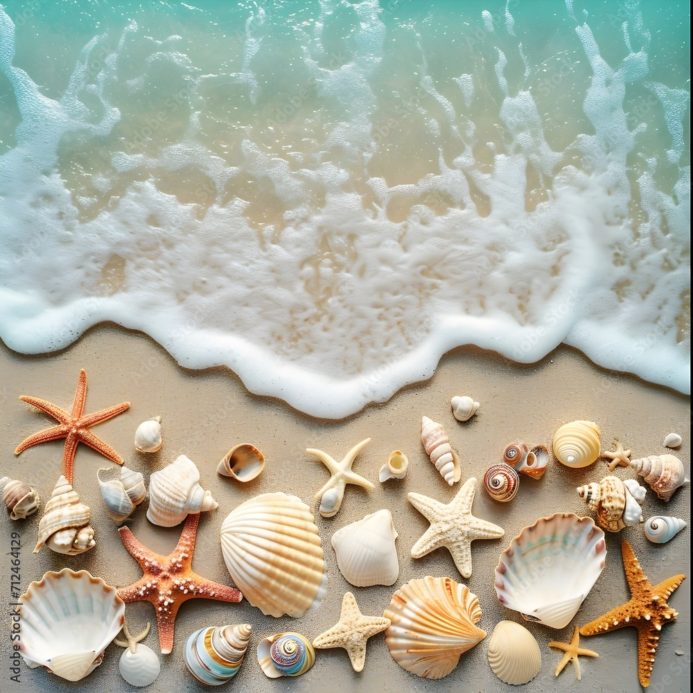 Beautiful light blue beach, starfish, corals and shellfish on the ...