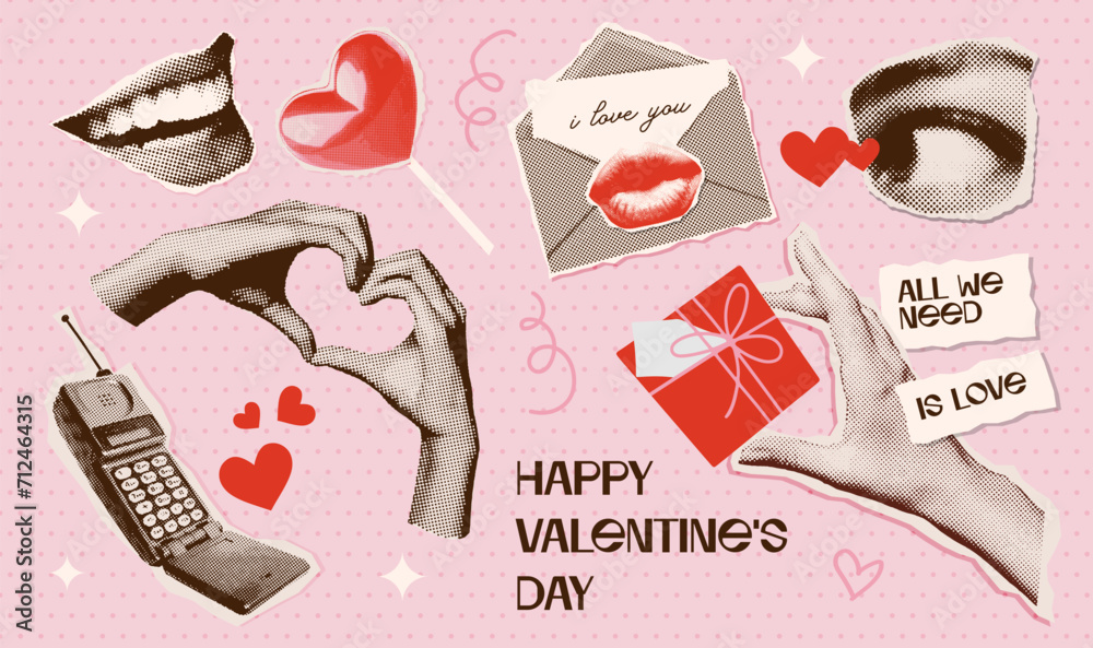 Valentine day Halftone torn out collage elements set with groovy heart shapes, eyes, hands, mouth. Gift, love letter, retro cellphone, lollipop. Trendy vintage collage vector illustration