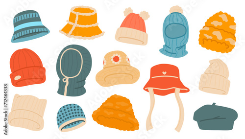 A collection of various headwear on a white background, flat vector illustration.