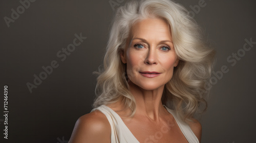 Portrait of smiling blond 45 yo mid age woman studio portrait