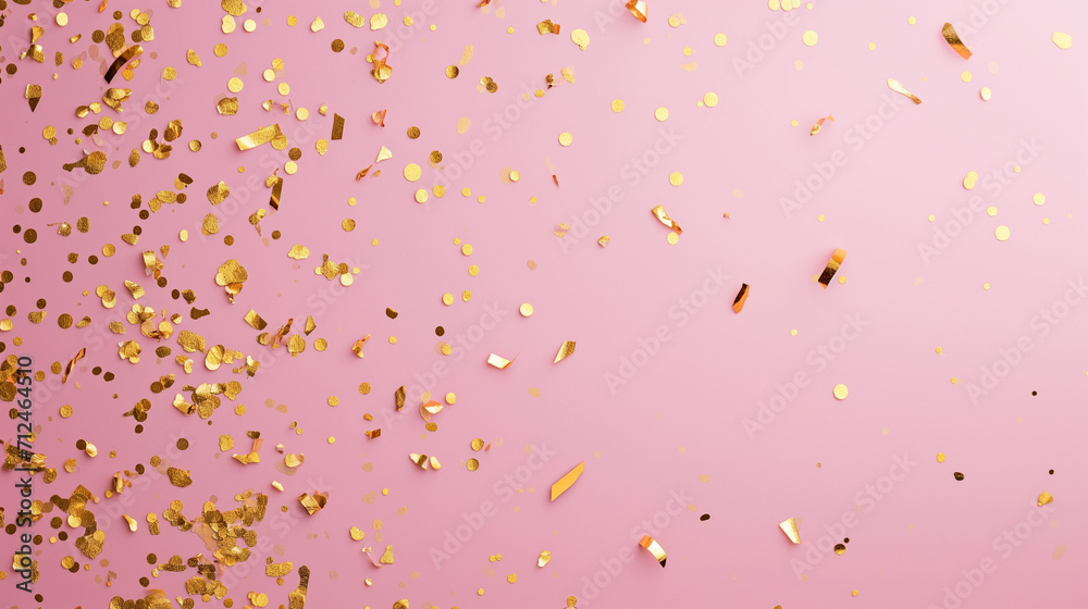 Holiday background with party gold confetti on pink background. Top view, pink background with gold confetti, Ai generated image