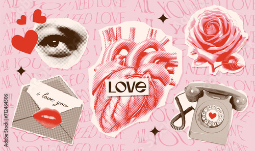 Set of retro halftone Valentine day torn out paper stickers elements of human heart, eye, love letter, rose and retro telephone. Trendy collage vector illustration