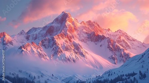 Snow-capped mountain peaks illuminated by the soft pink and orange hues of a mountain sunset, creating a breathtaking alpine glow over the wintry landscape.