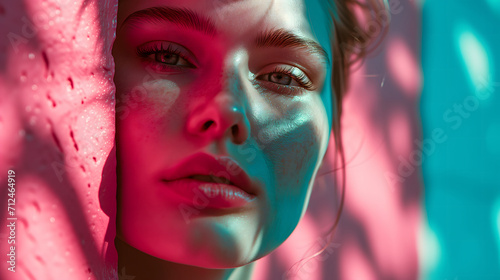 Abstract Portrait of Woman with Pink and Teal Lights Shadows