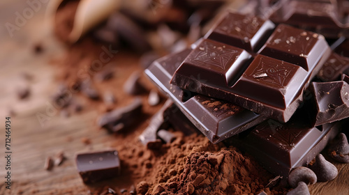Close-Up of Dark Chocolate Bars and Cocoa Powder