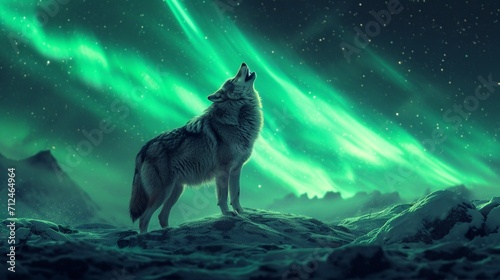 A lone wolf howling under the northern lights, as vibrant ribbons of green and purple dance across a star-studded Arctic sky, creating a celestial winter spectacle.