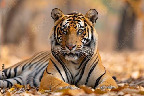 a tiger laying in the woods