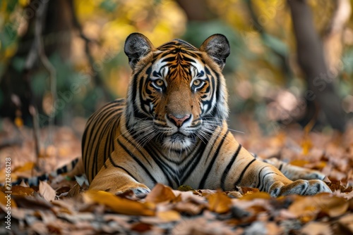 a tiger laying in the woods