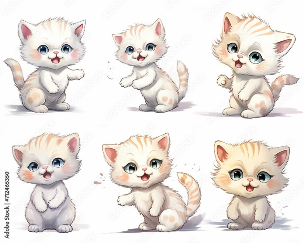 Cute white cat character in different poses. Isolated watercolor illustration for children Cute white cat character in different poses. Isolated watercolor illustration for children