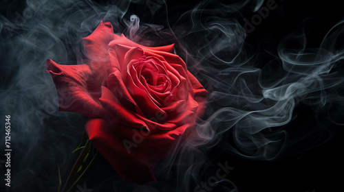 Red rose wrapped in smoke swirl on black background, Ai generated image