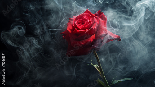 Red rose on black background, red rose wrapped in smoke swirl on black background illustration, Ai generated image